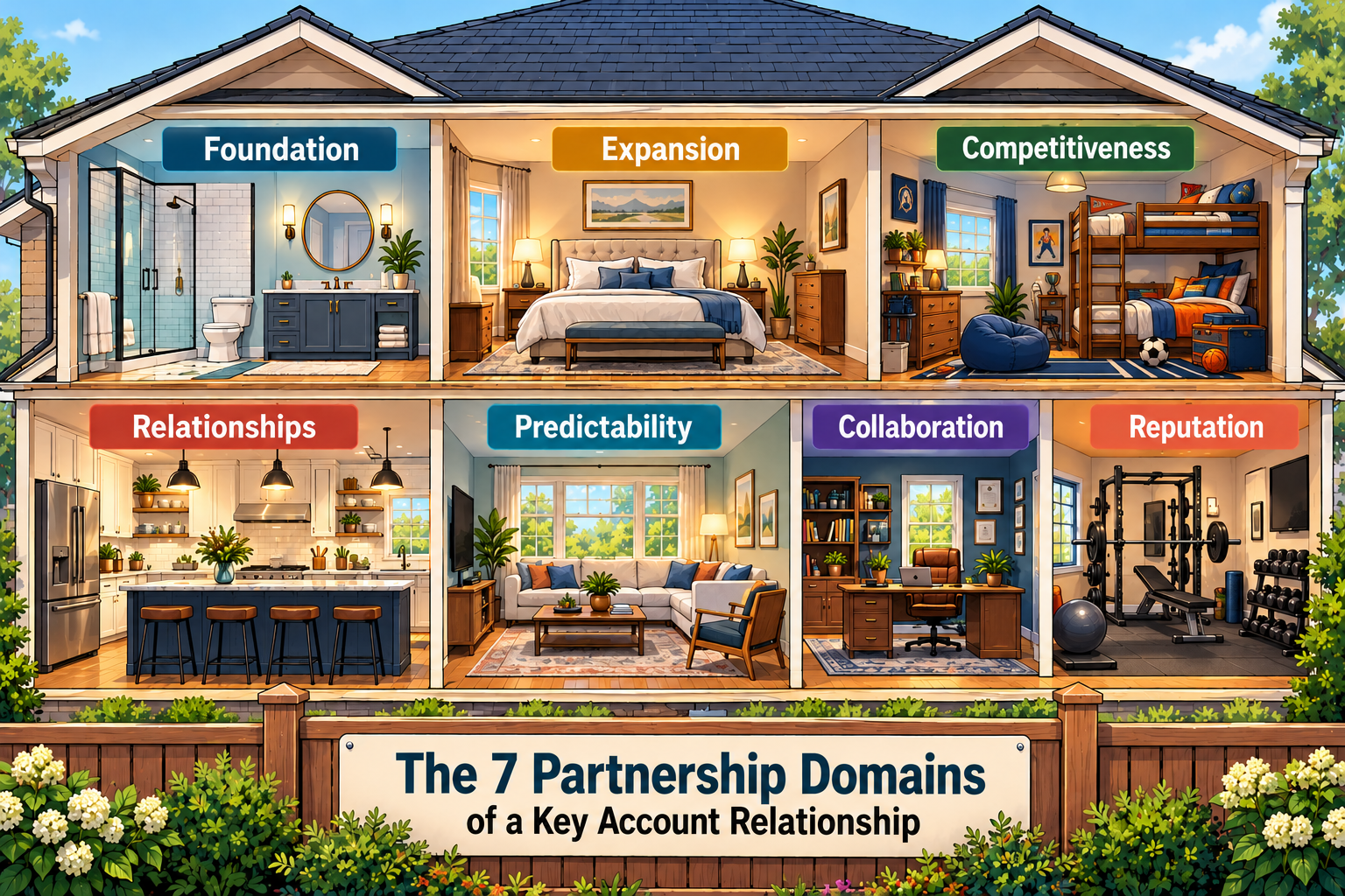 A house with seven rooms representing Foundation, Expansion, Competitiveness, Relationships, Predictability, Collaboration, and Reputation